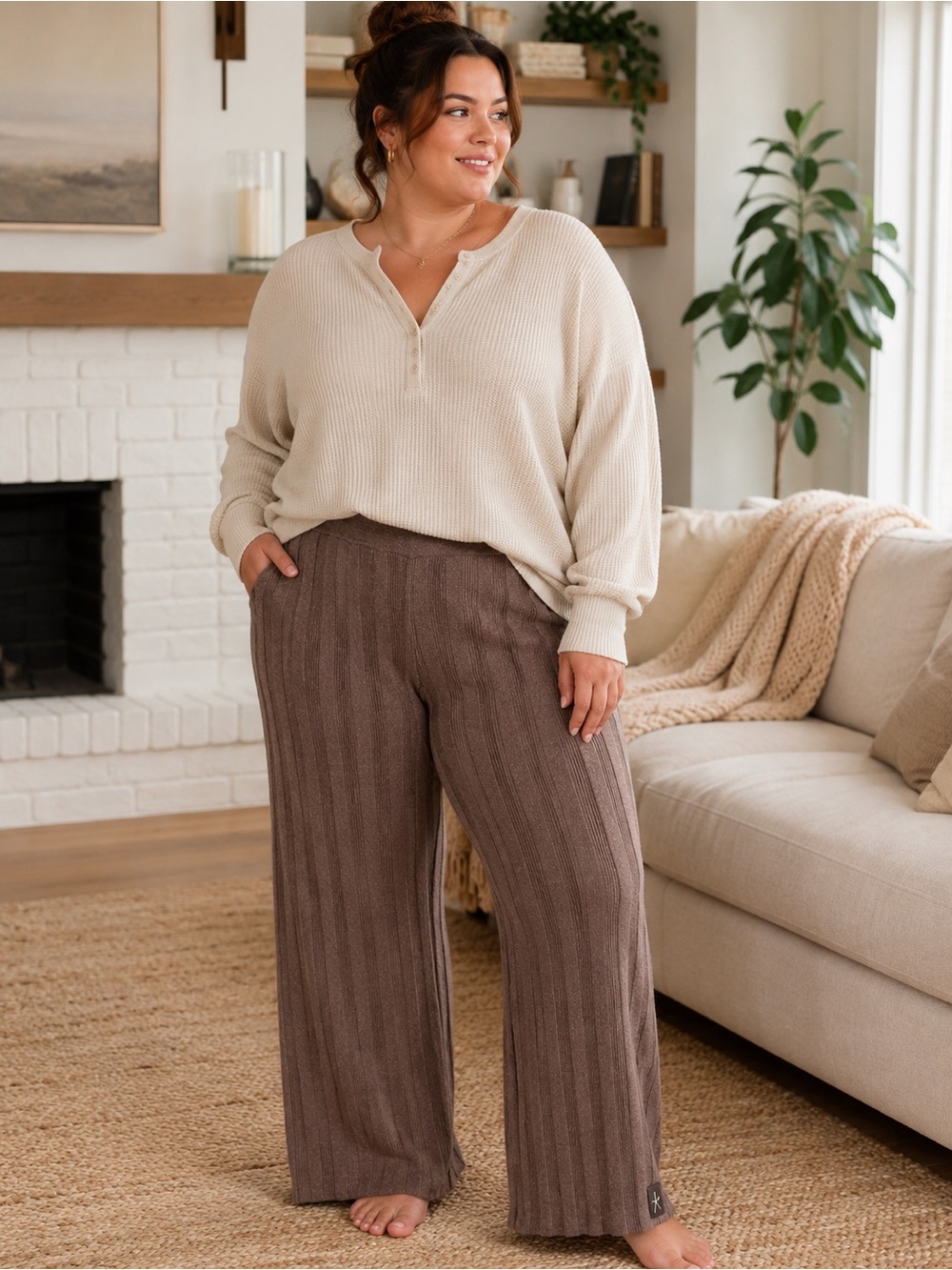 Barefoot Dreams CozyChic Ultra Lite Metallic Rib Wide Leg Pant Brown 2X